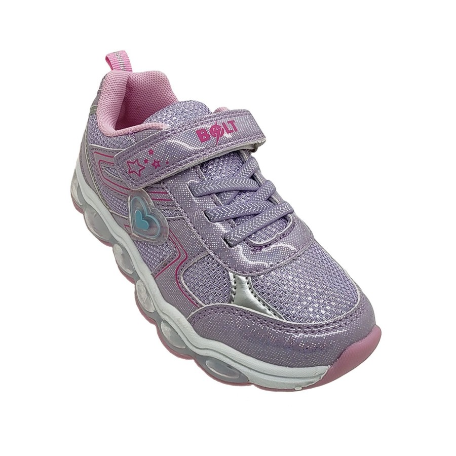 Kids Bolt Runners | Bolt Suki Girls Shoes Casual Trainer Led Light Sole Hook And Loop Strap Glittery Lilac