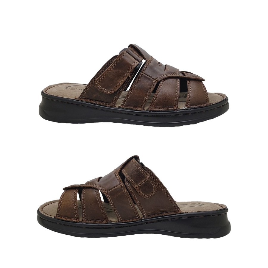 Men Woodlands | Woodlands Hoyt Mens Sandals Leather Slip On Slide Cushioned Lightweight Open Toe Brown