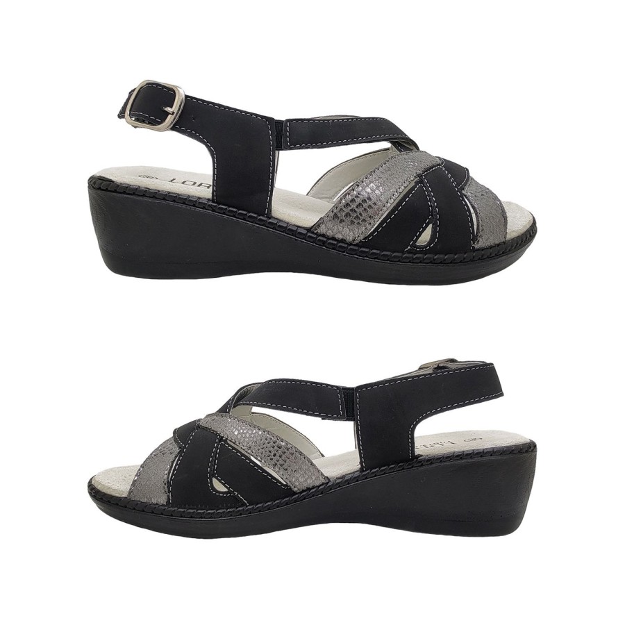 Women Lorella | Lorella Billie Ladies Sandal Wedge Sole Buckle Slingback Snake Trim Cross Straps