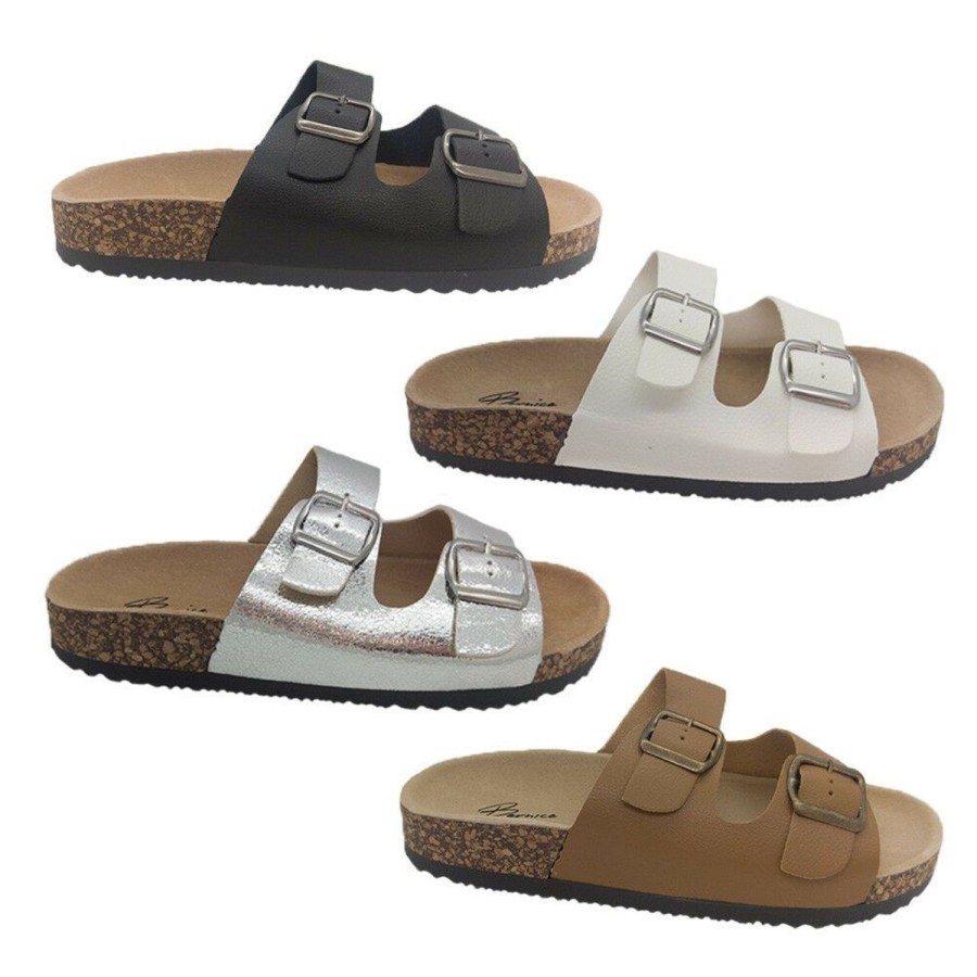 Women Bernice | Bernice Jalen Ladies Shoes Comfort Sandals Cork Footbed Dual Buckle Slide Slip On