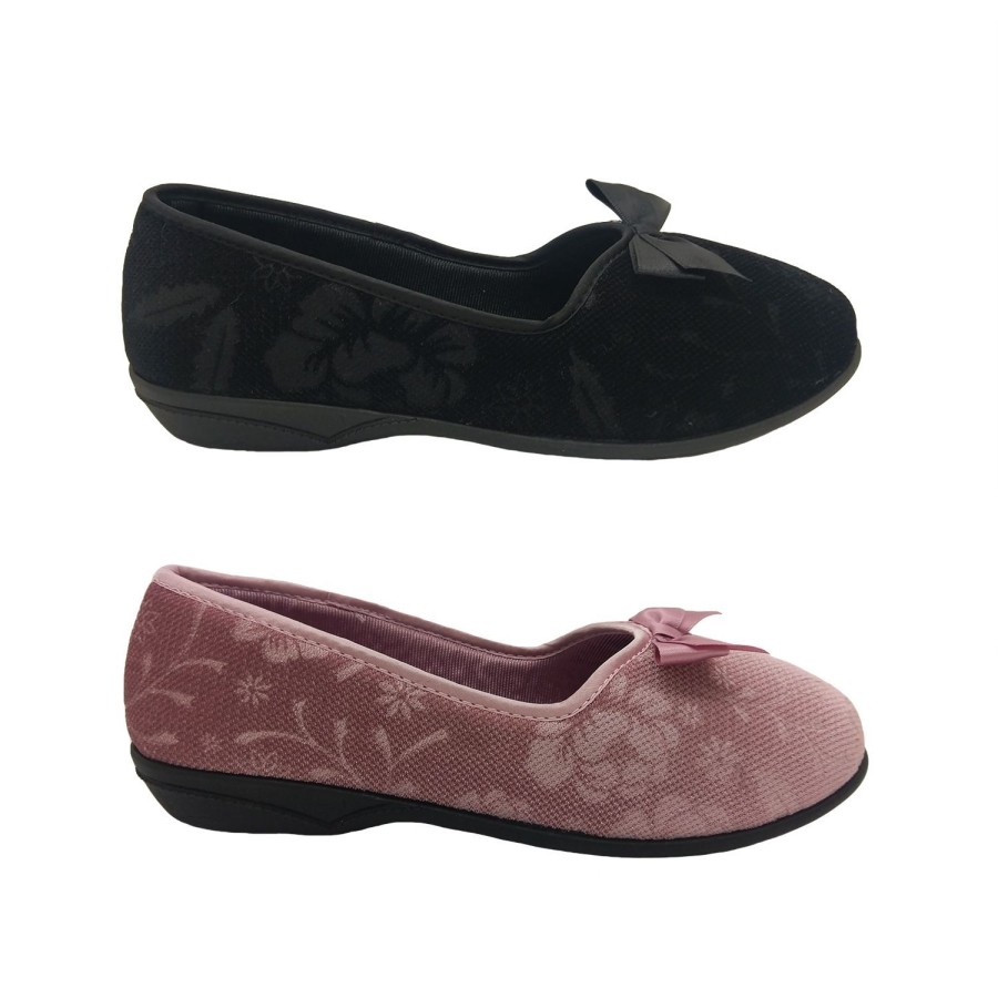 Women Grosby | Grosby Gracie Ladies Slippers Slip On Soft Floral Pattern Velour Bow Lined