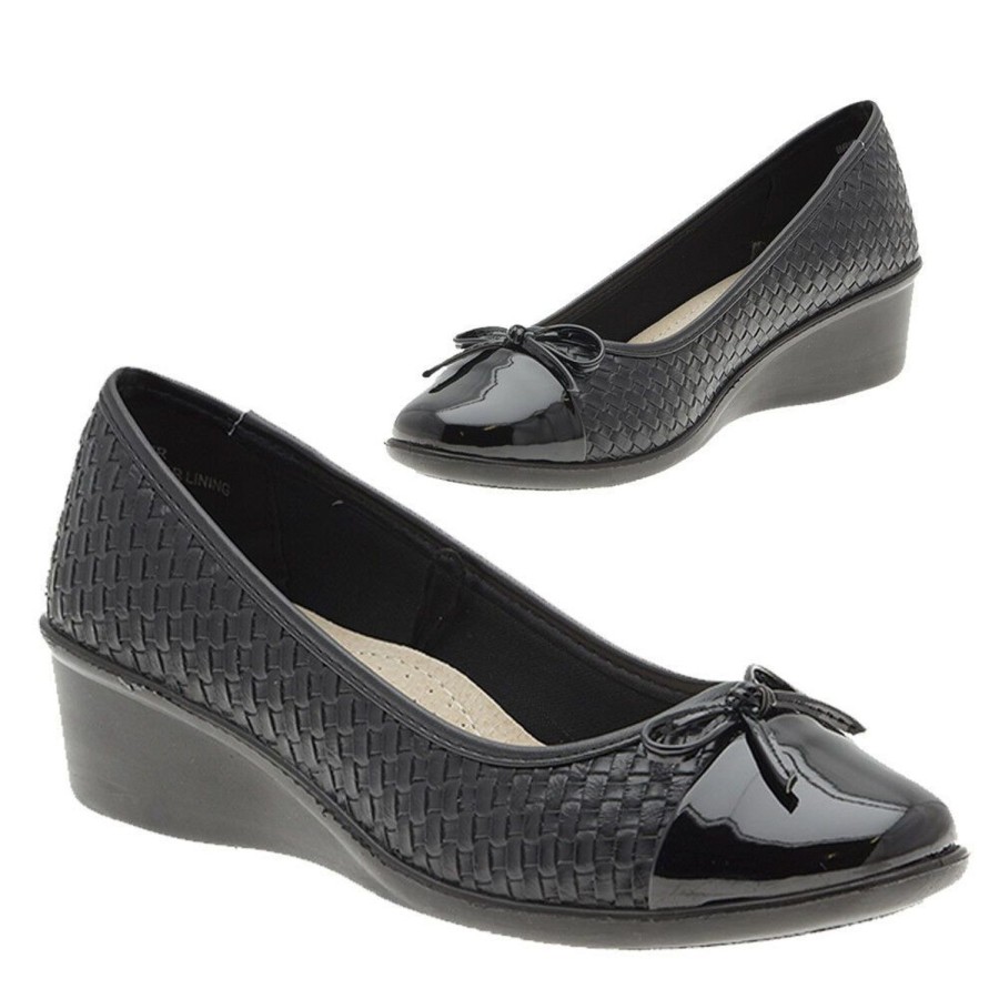 Women Bellissimo | Bellissimo Bridgette Ladies Shoes Slip On Court Patent Toe Woven Look Black