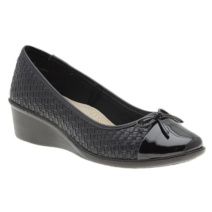 Women Bellissimo | Bellissimo Bridgette Ladies Shoes Slip On Court Patent Toe Woven Look Black