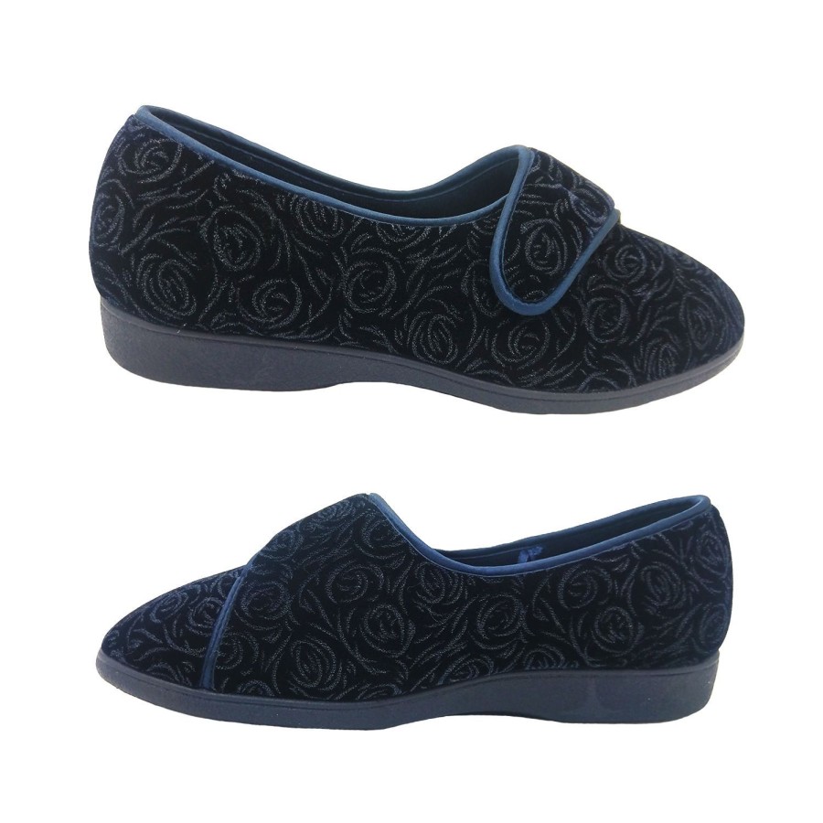 Women Grosby | Grosby Rosie Ladies Slippers Rose Pattern Velour Tab Close Everyday Slipper Navy