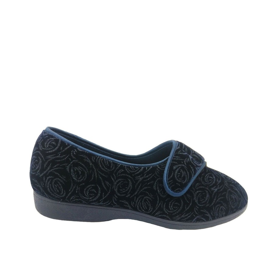 Women Grosby | Grosby Rosie Ladies Slippers Rose Pattern Velour Tab Close Everyday Slipper Navy