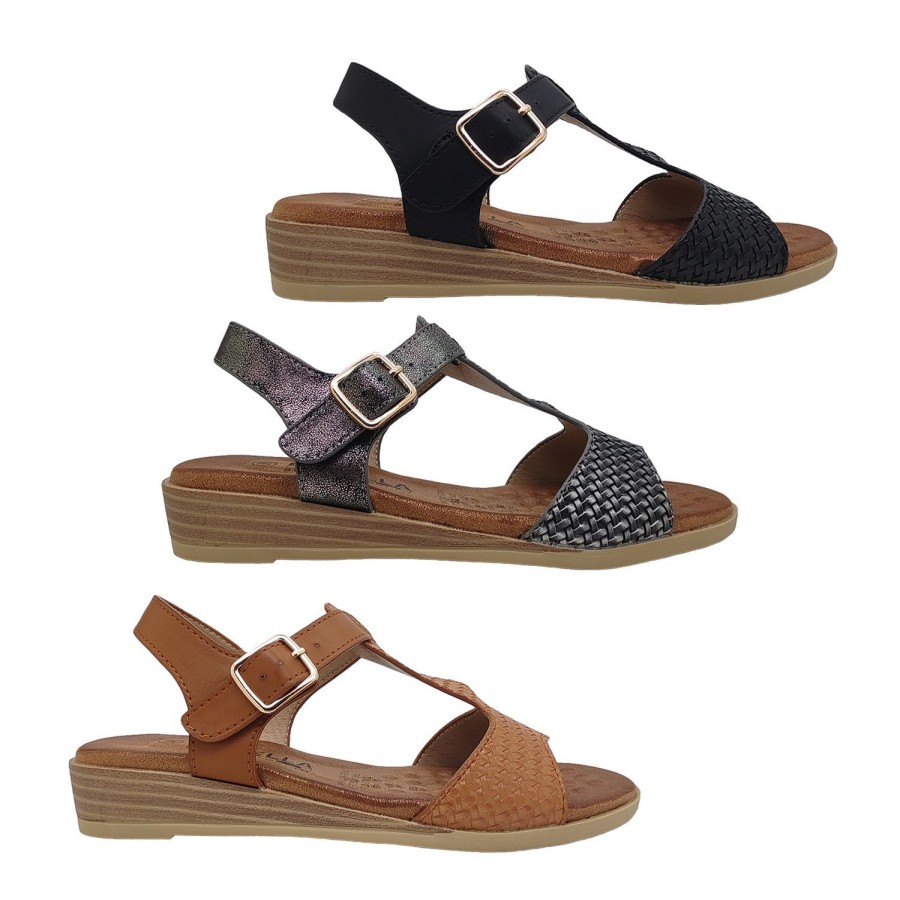 Women Lorella | Lorella Paige Ladies Sandals T Strap Comfy Low Wedge Buckle Adjust Soft Insole