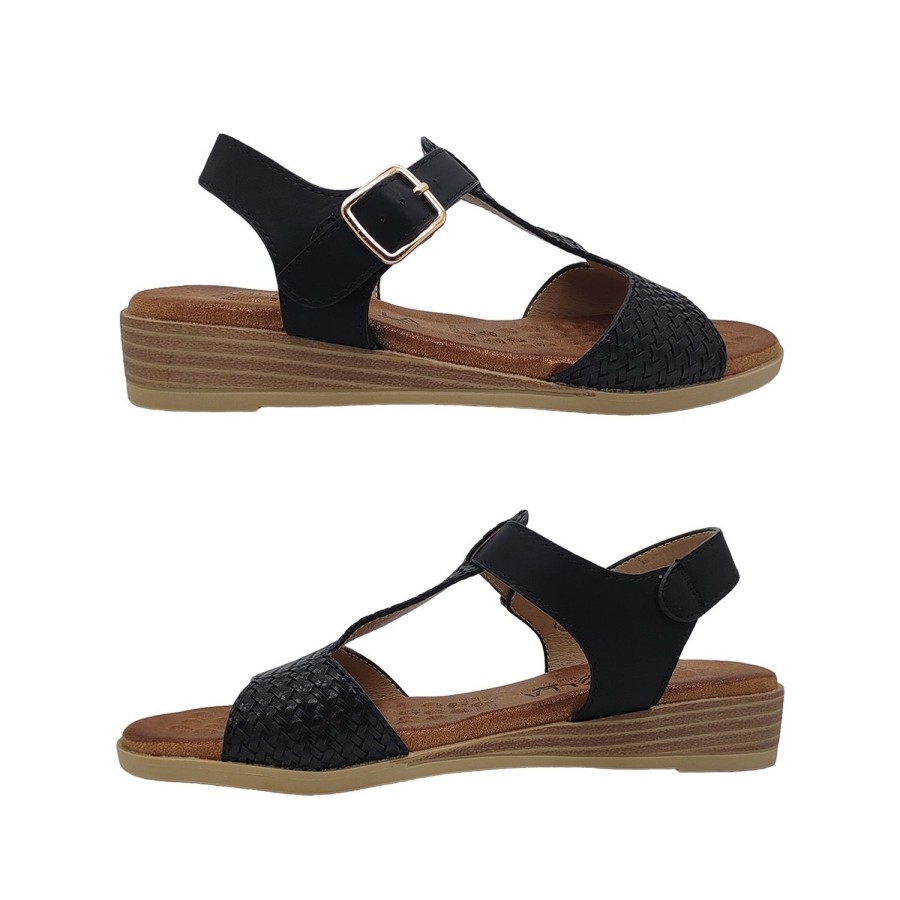 Women Lorella | Lorella Paige Ladies Sandals T Strap Comfy Low Wedge Buckle Adjust Soft Insole