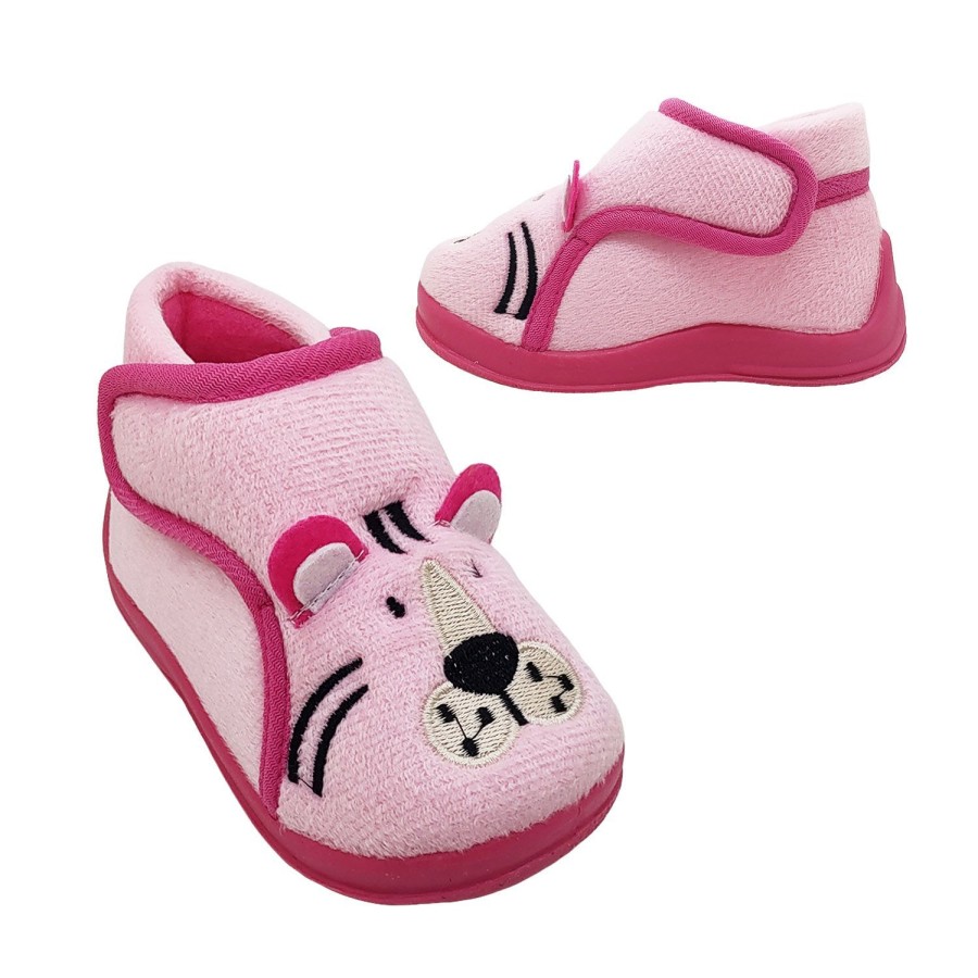 Kids Grosby Slippers | Grosby Tiger Toddler Little Girls Slippers Bootie Dual Opening Cute Face Soft Upper Pink