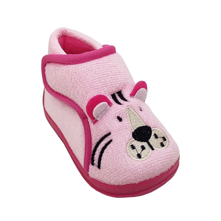 Kids Grosby Slippers | Grosby Tiger Toddler Little Girls Slippers Bootie Dual Opening Cute Face Soft Upper Pink