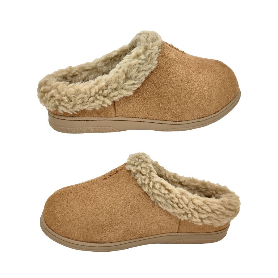 Men Grosby | Grosby Brett Mens Slipper Scuff Style Slip On Sherpa Lining Light Flex Sole Tan