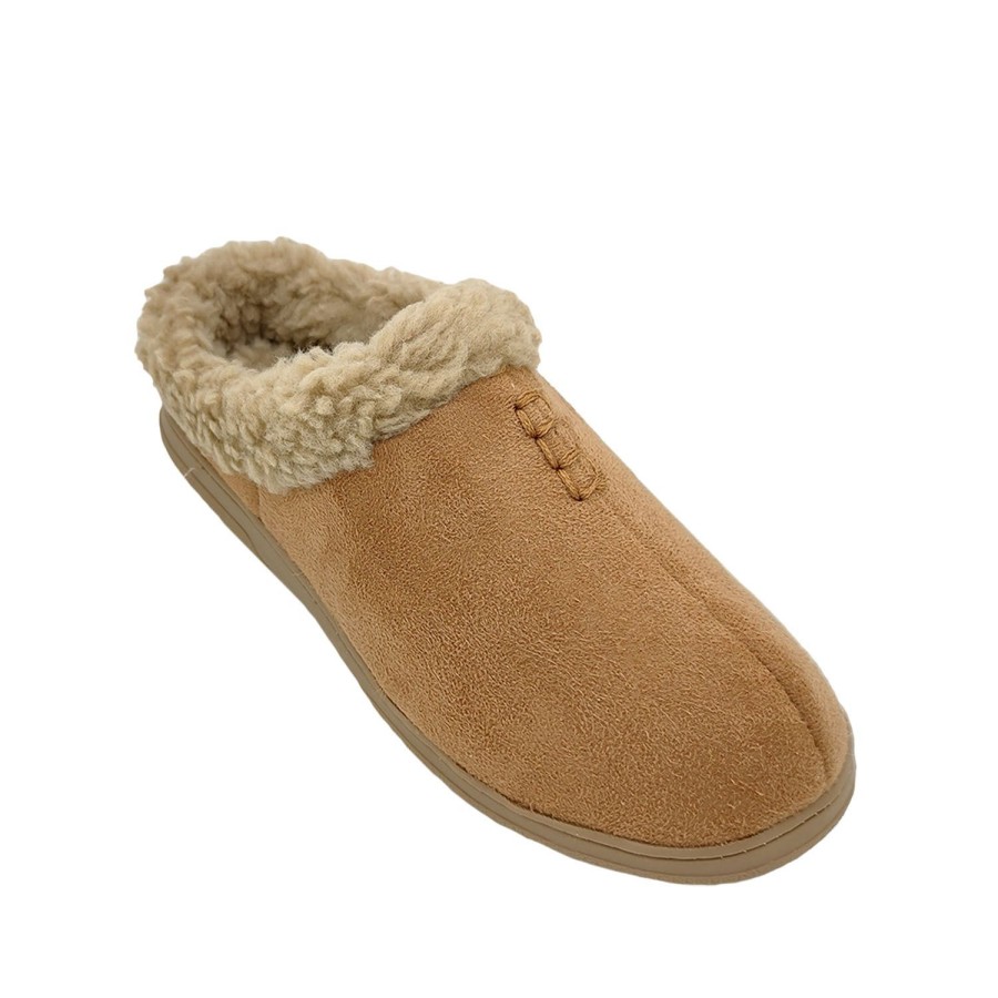 Men Grosby | Grosby Brett Mens Slipper Scuff Style Slip On Sherpa Lining Light Flex Sole Tan