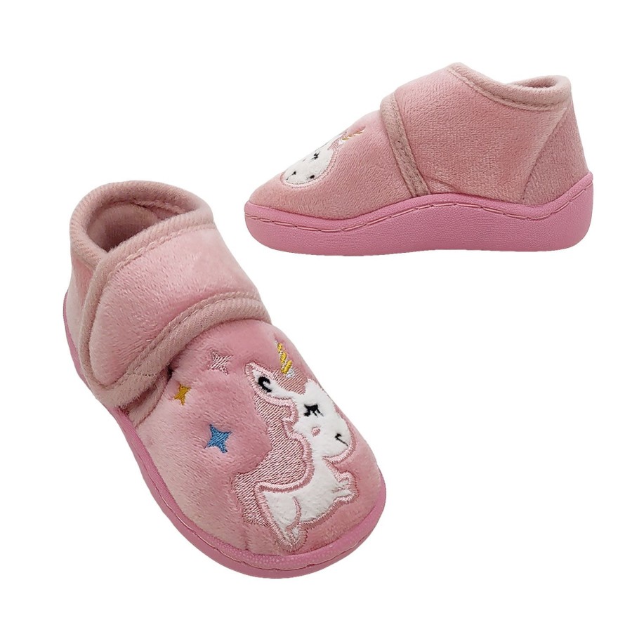 Kids Surefit Slippers | Surefit Unicorn Little Girls Toddler Slippers Velour Upper Tab Adjust Embroidered Top Pink