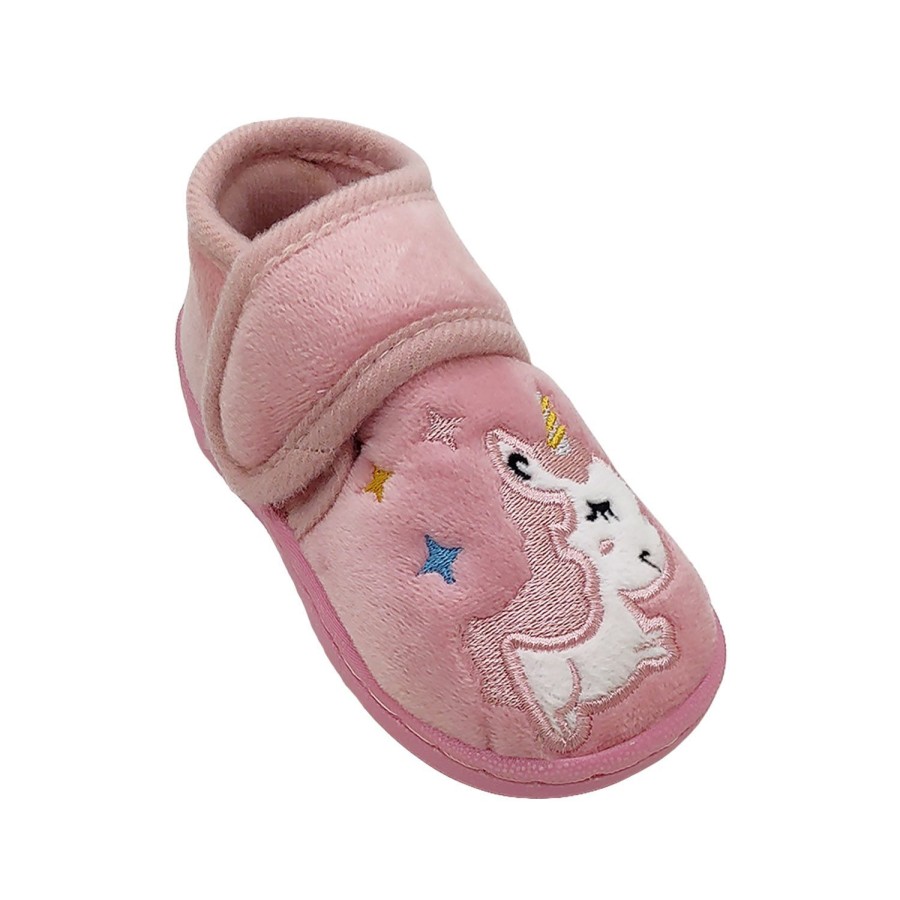 Kids Surefit Slippers | Surefit Unicorn Little Girls Toddler Slippers Velour Upper Tab Adjust Embroidered Top Pink