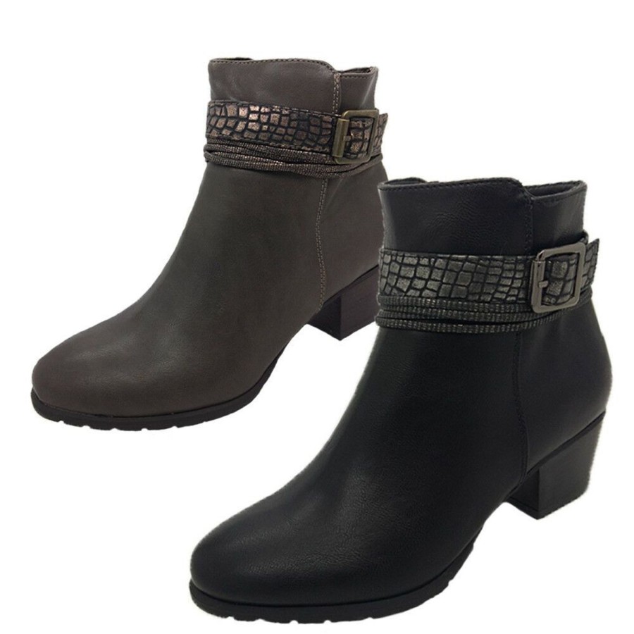 Women Bellissimo | Bellissimo Fern Ladies Shoes Ankle Boot Side Zip Snake Trim Detail Mid Heel