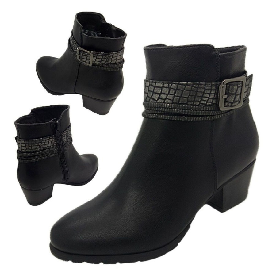 Women Bellissimo | Bellissimo Fern Ladies Shoes Ankle Boot Side Zip Snake Trim Detail Mid Heel